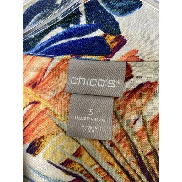 Chico’s Dress Hawaiian Floral Size 3 16/18 Linen Snap Up Pocket Drawstring Slits - Picture 6 of 16